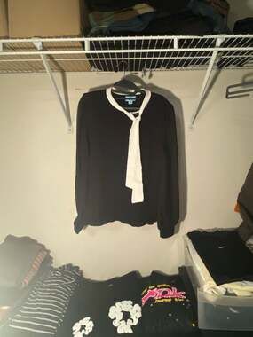 CeCe Black Long Sleeve Tie Neck Blouse with Contrast Collar